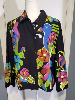 Vividly Colored  Black Button-Down Shirt Jacket  with Bright Floral & Bird Print